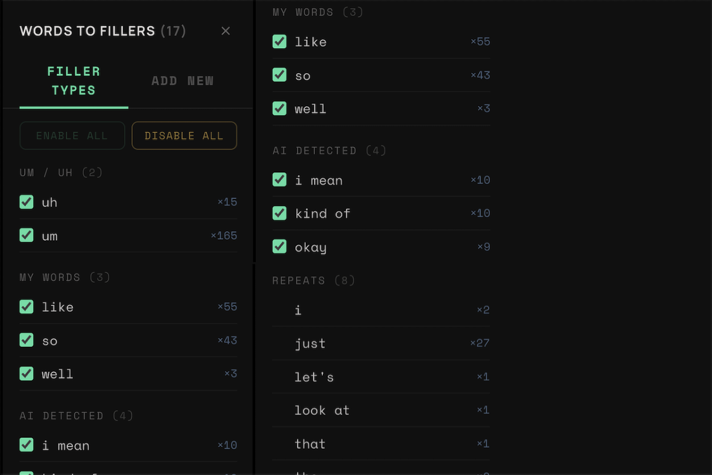 AVTrim's Words to Fillers panel: filter type checkboxes for um/uh, my words and AI detected on the left, and the matching word counts on the right, "um" ×165, "like" ×55, "so" ×43, "i mean" ×10, "kind of" ×10, "okay" ×9.