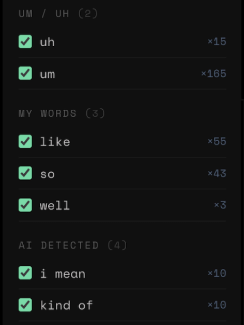 AVTrim's Words to Fillers panel cropped to the um/uh, my words and AI detected groups, each entry with its own checkbox and count.